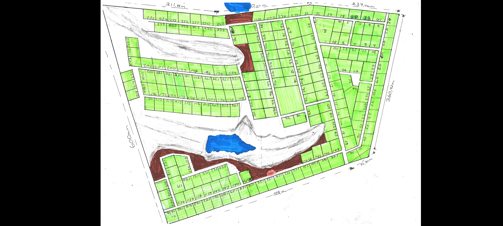 Official River Edge Rural Village layout plan showing numbered plots, road reserves, two dams and wetland buffers